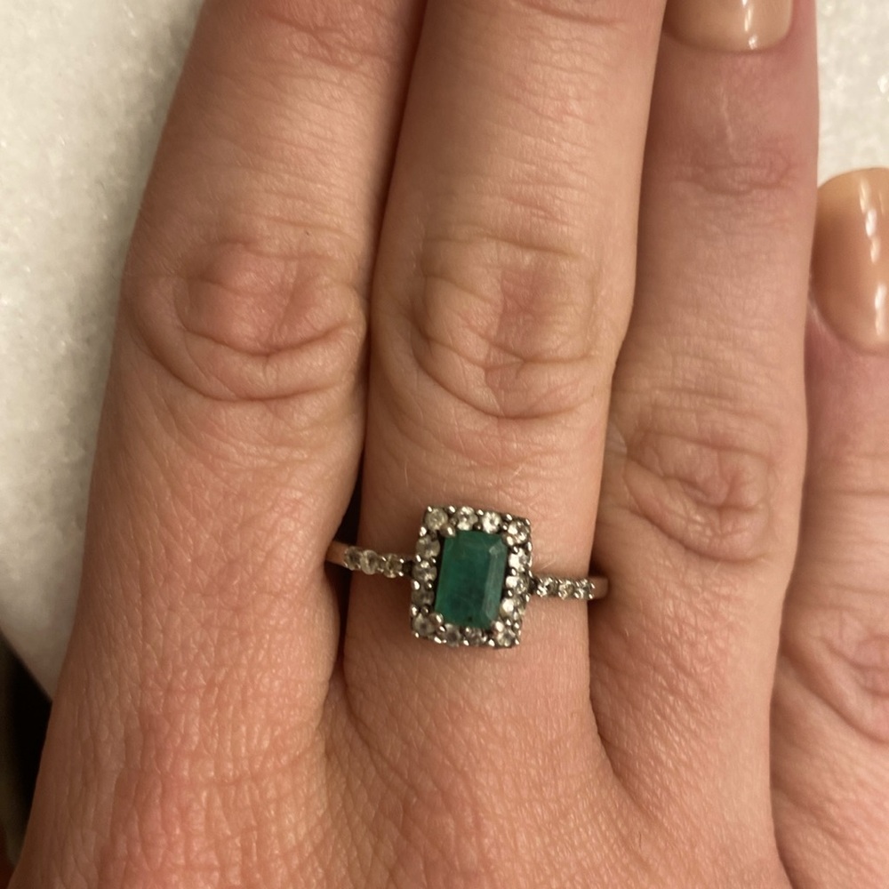 Vintage Emerald & Diamond Halo Sterling Silver Ring